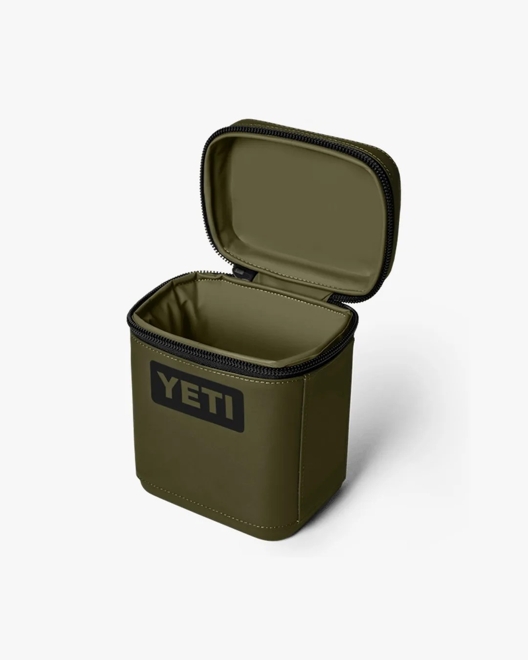 Olive green YETI soft cooler bag with open zipper lid on a white background.