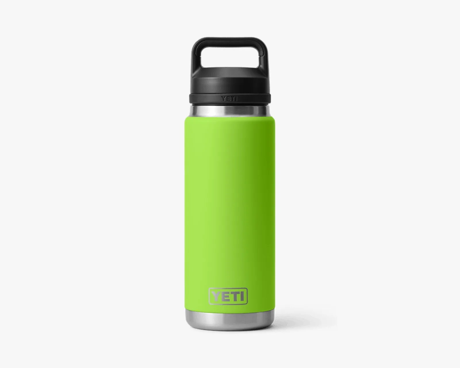 Green YETI insulated water bottle with black handle lid and stainless steel base.