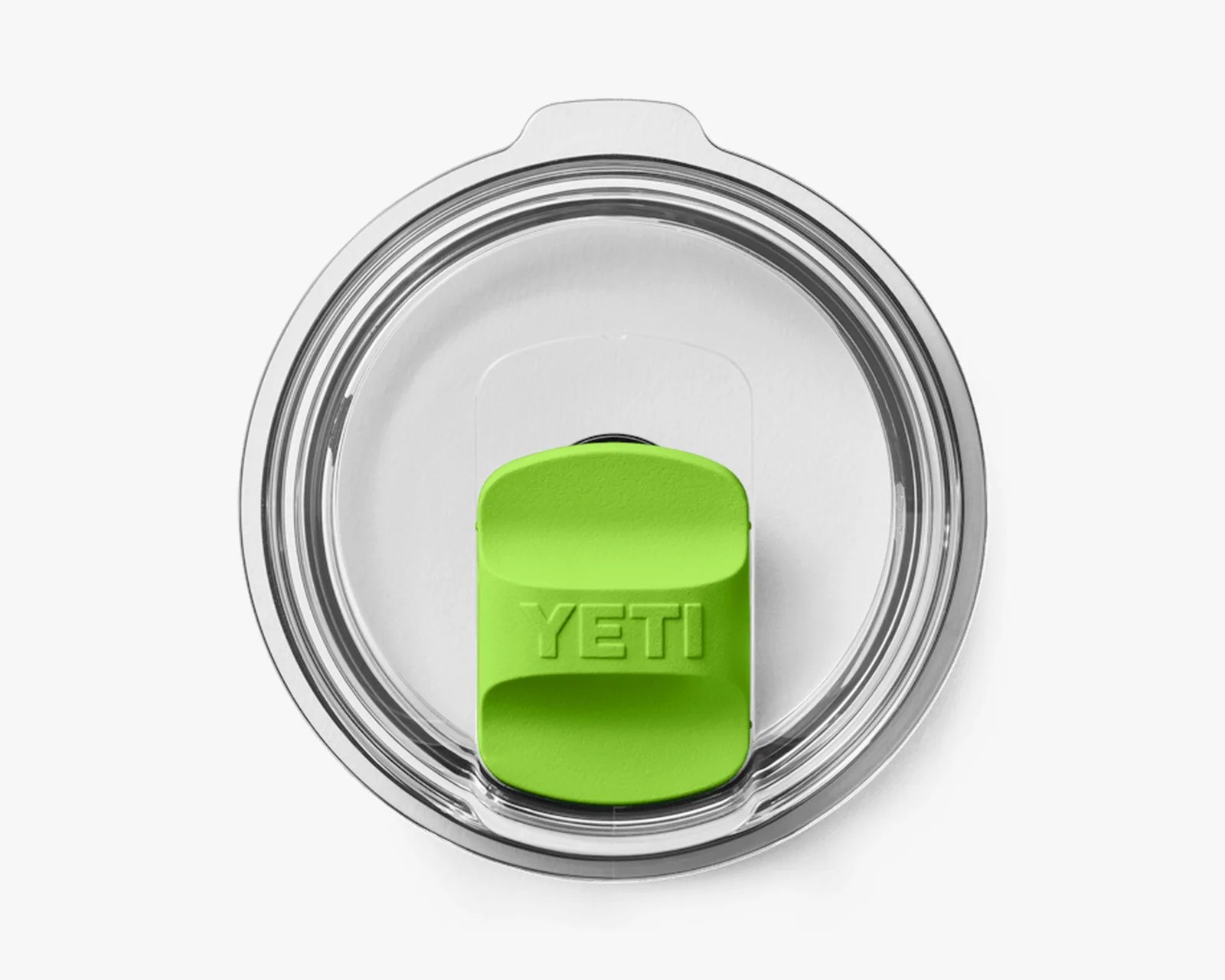 Clear circular lid with a bright green YETI-branded slider tab in the center.