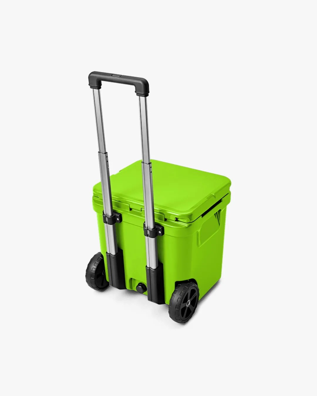 Bright green wheeled cooler with a black telescoping handle extended.